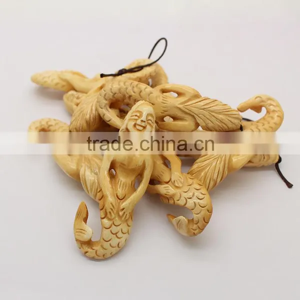 OB041 Excellent Detail Carved Mermaid Bone Pendant photo-2