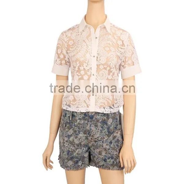 2015 Short Sleeve Ladies Tops Women White Lace Blouse photo-2