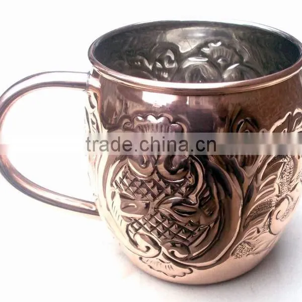 NICELY EMBOSSED 100% PURE COPPER BARREL MOSCOW MULE MUG NICKEL LINED photo-3