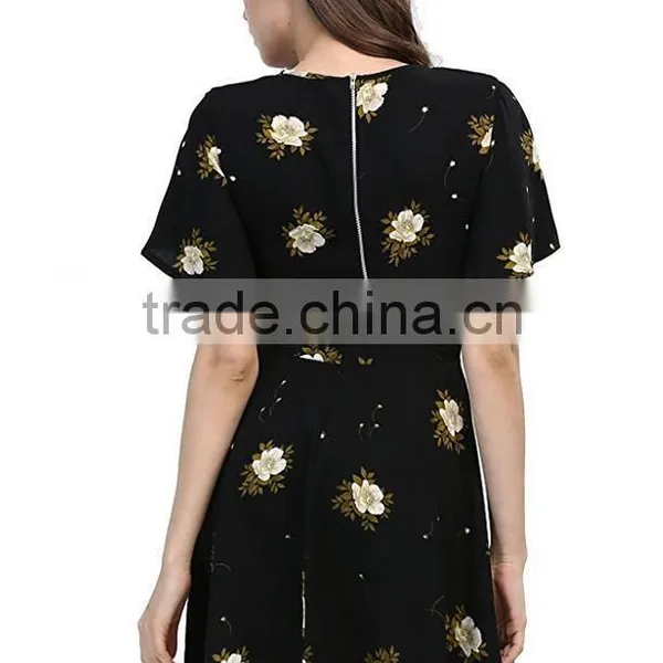 Online Shopping Ladies Fashion Clothing Vintage Chiffon Sexy Women's Flower Printing Black Crop Top Two Piece Dress photo-2
