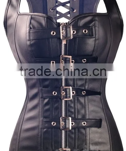 Wholesale Open Cup Front Zipper Overbust Real Leather Slimming Corsets photo-4
