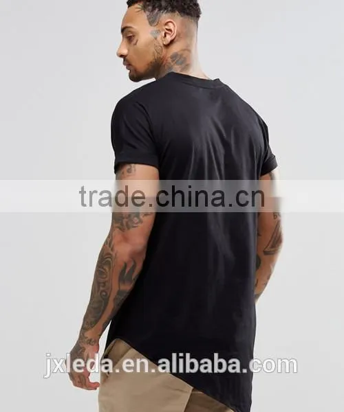 Men Summer 100% Cotton Jersey Asymetric Hem Plain Crew Neck Black T-shirt Wholesale OEM Suppliers photo-2
