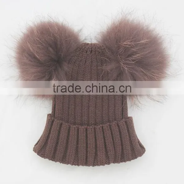 Myfur Navy Color Raccoon Fur Pompoms Top Wool Knitting Beanie Hat for Cute Baby photo-2