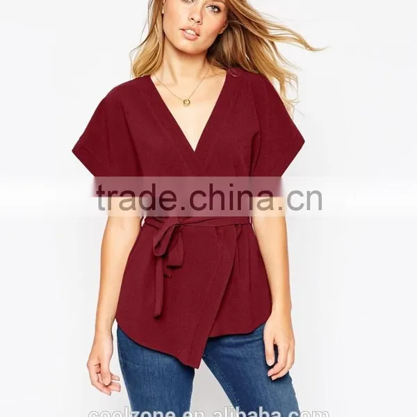 Wholesale Wide-cut Cuffs Wrap Design Lady Blouse,fashion Belted Blouse 2016 photo-2