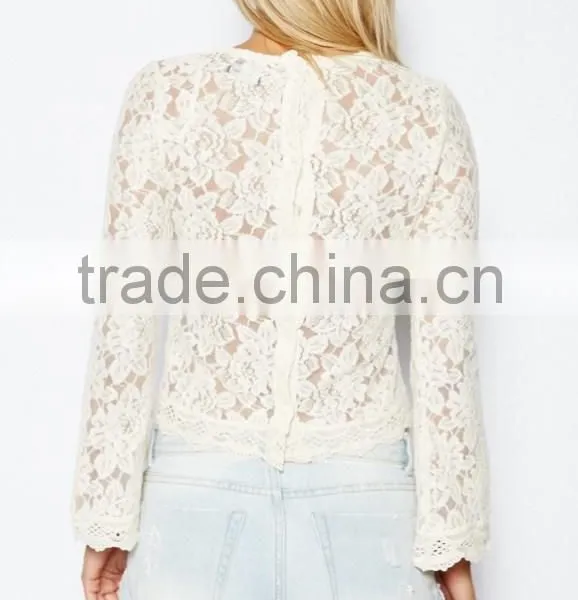 New Arrival Fashion Loose Through Look Floral Lace Lady Blouse photo-5