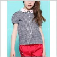Girls\' Check Pattern Short Sleeve Shirt With Flower Embroidery