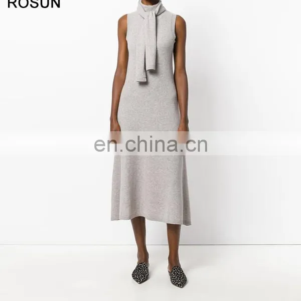 High Fashion Women 100% Wool Tie Neck Sweater Dress photo-3