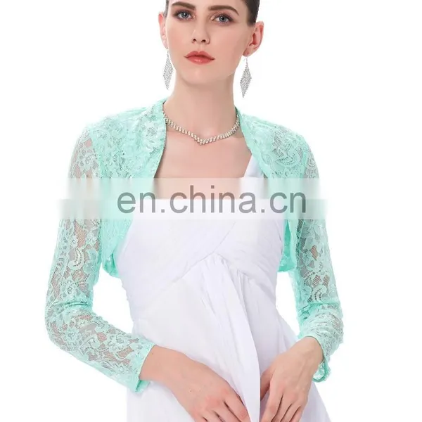 Stock Womens Ladies Long Sleeve Cropped Pale Turquoise Lace Shrug Bolero BP000049-3 photo-3