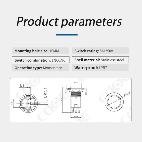 Ip67 Dot Led Red Green Blue Plastic Cover 220v 1no1nc 16mm Push Button Switch Momentary photo-3