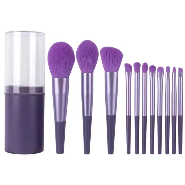 Cheap Travel 11pcs Makeup Brush Set Soft Fiber Hair Cosmetics Tools Custom Logo Long Tube Real Makeup Powder Blush Eye Brush Set photo-3