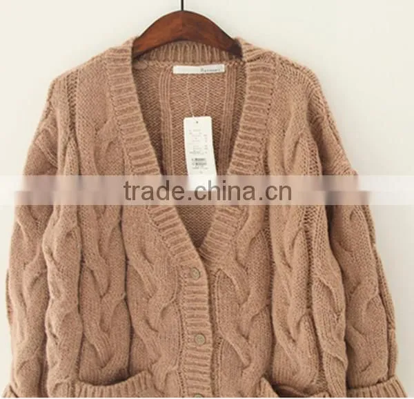 V-neck Jacquard Knitting Wear Long Sleeve Pocket Long Lady Winter Thick Sweater Cardigan photo-4