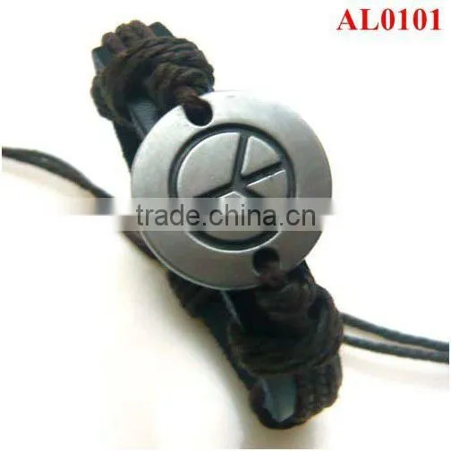 Exotic Jewelry in Wax Cord, Genuine Leather Bracelet With Round Metals in Peace Logo AL0101