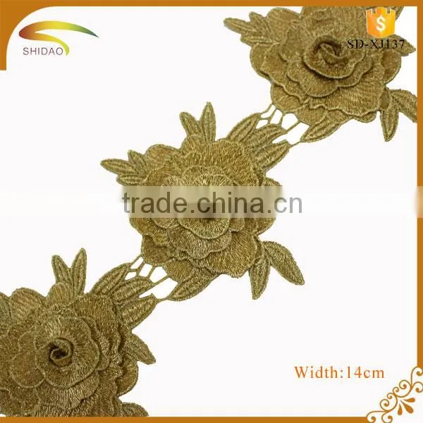 Cheap Polyester Material and Embroidered Technics Gold Metallic Bridal Lace Trim photo-4