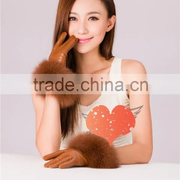 High-end Italian Brown Windproof Sheepskin Plain Style Fur Lined Leather Gloves photo-3