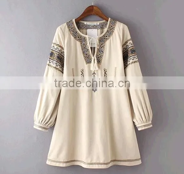 Latest Design Long Sleeve Cotton Tassel Embroidered Tunic Mini Dresses photo-2