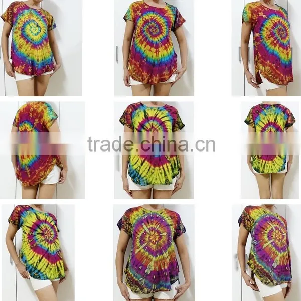HIPPIE BOHO Summer Handmade Tie Dye Festival Chic Tunic Crop Shirt Blouse Curved Round Hem