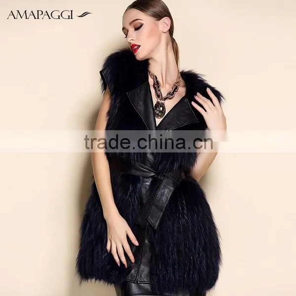 Hot Sale Dark Blue Sliver Fox Fur Vest With Leather Vest photo-3