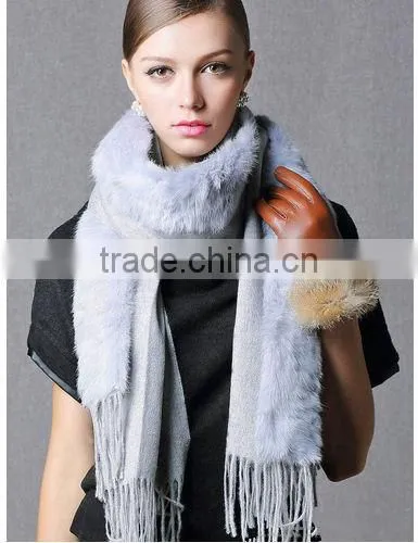 CX-B-P-21 Women Fashion Cashmere Pashmina Shawl With Fur Trim photo-5