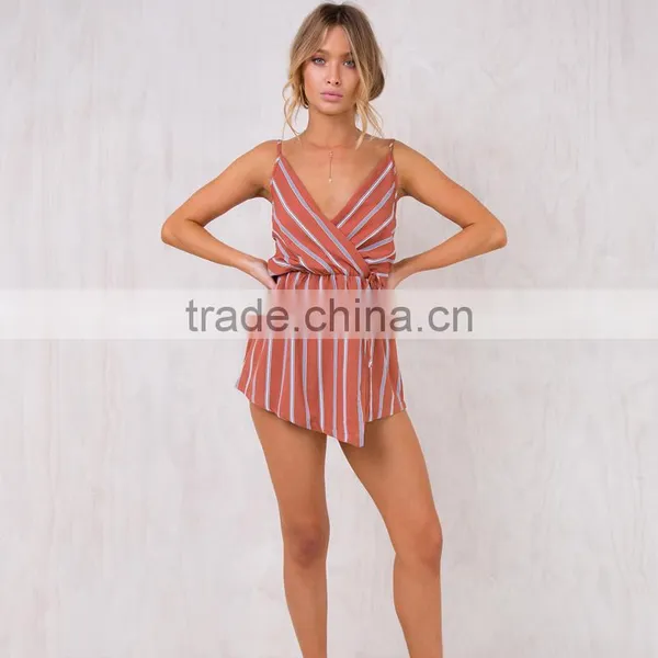 Simple Linen Cotton Clothing Models for Women Fashion Striped Playsuit photo-6