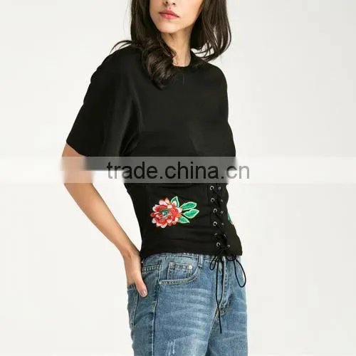 2017 Cotton Lace Up Women Short Sleeve T-Shirts photo-3