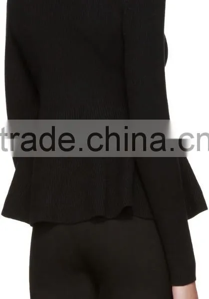 High Quality Women Plain Black Long Sleeve Rib Knit Pullover With Peplum Hem photo-3