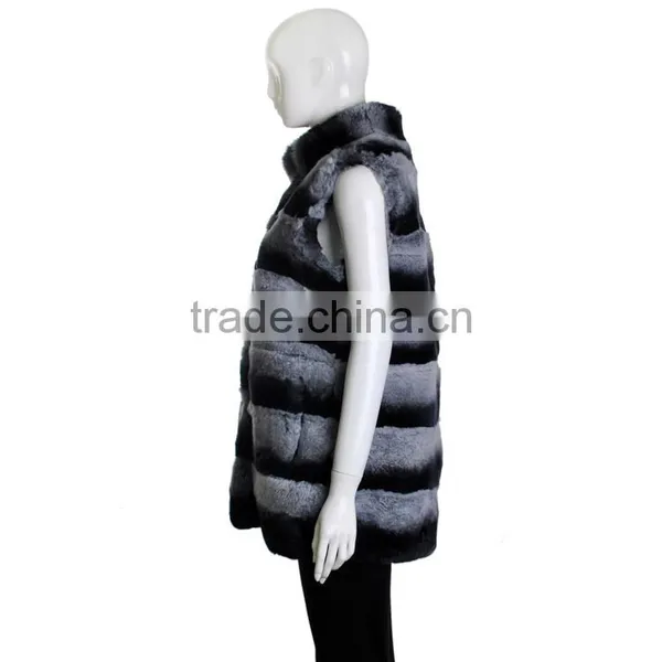 YR247 Genuine Rex Rabbit Chinchilla Dyed Fur Waistcoat Long Fur Gilet photo-2