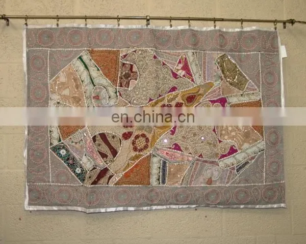 Wholesale Old Sari Patchwork Tapestry Wall Hangings Handmade Silk Beads Work Runner photo-3