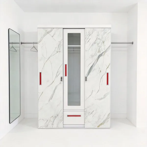 High Quality Knock‑down Steel Wardrobe Pattern Printed Surface 3‑4 Door Clothes Storage Cabinet With Mirror Drawers Custom Colors Export