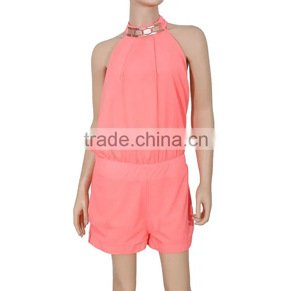 Custom Made Adult Pink Elegant Slim Fit Clubwear Party Trouser Women Woven Jumpsuit photo-2