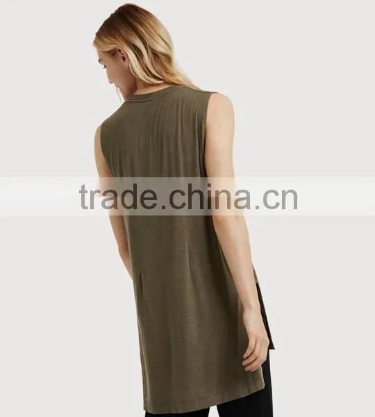 Latest Fashion Design Women Clothing Sleeveless Side Split Loose Long T-shirt photo-5