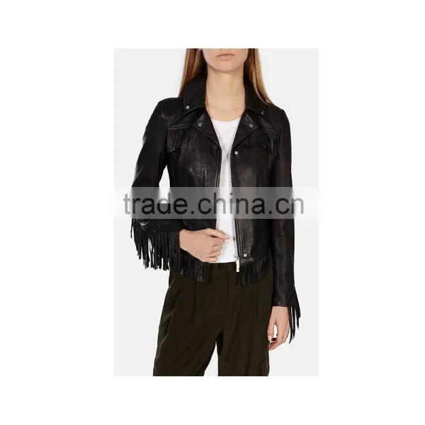 Lady's Genuine Sheepskin Leather Fringe Jacket, Black photo-2