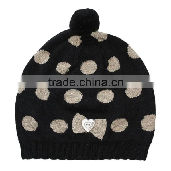 Girls Black and Cream Spotty Knitted Custom Hats With Black Pom Pom