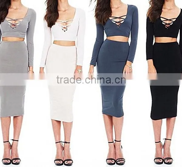 Pictures of Long Skirts and Tops for Sexy Womens 2Pcs Crop Top Midi Skirt Stretch Party Bandage Dresses photo-2