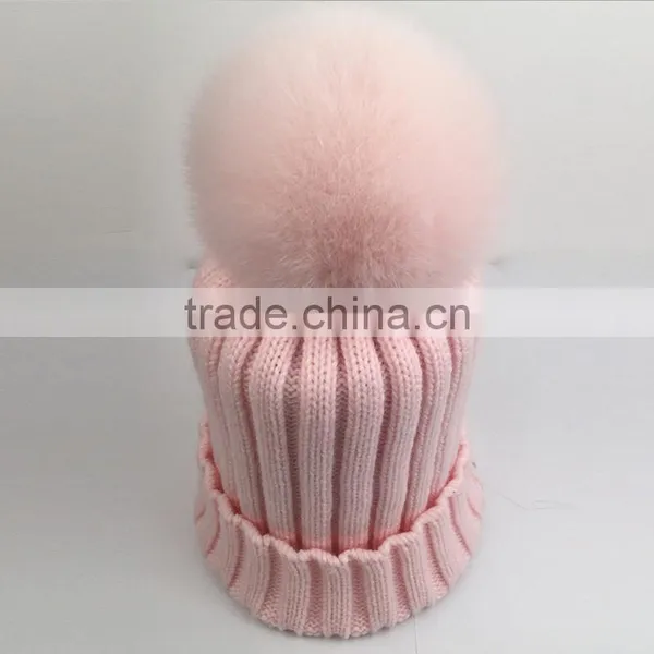 Myfur Baby Pink Bright Wool Knit Hat Wholesale With Real Fox Fur Pom Pom photo-4