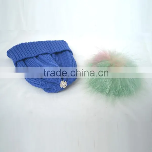 Myfur Wholesale Adults Size Wool Cable Knitting Beanie Hat With Colorful Raccoon Fur Pom Pom photo-6