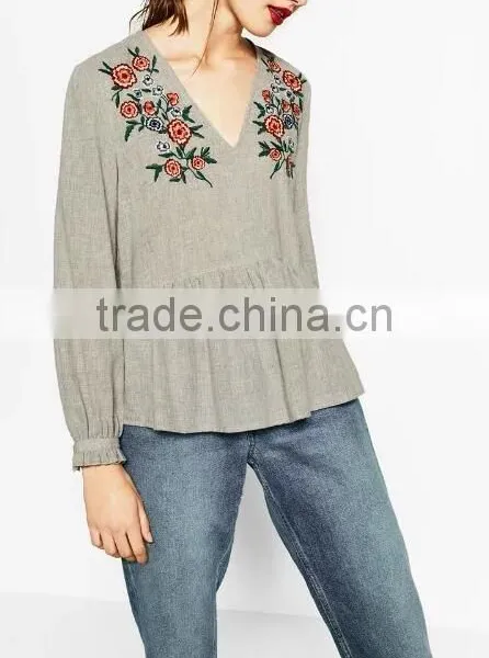 Runwaylover EY2365B New Fashion 2017 Ladies Deep V-Neck Embroidery Blouse photo-3