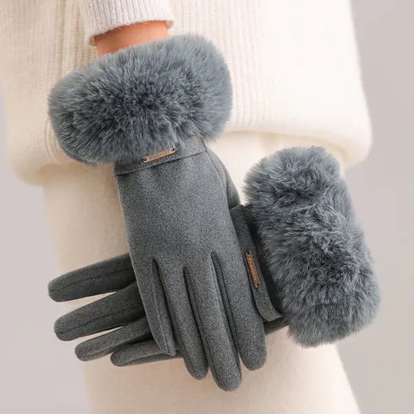 Elegant Winter Gloves Plush Faux Fur Trim Decorative Metal Label Soft Lining Daily Wear Winter Gloves photo-5