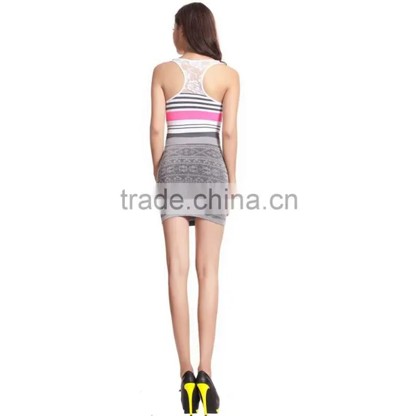 Wholesale Stylish Cheap Stripe Lace Sleeveless Body Shaping Top Crop Knitted Wrap Skit Suits photo-3