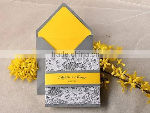 Spring Yellow and Grey Lace Wedding Invitation, Pocket Fold Wedding Invitations , Fresh Wedding Invitation