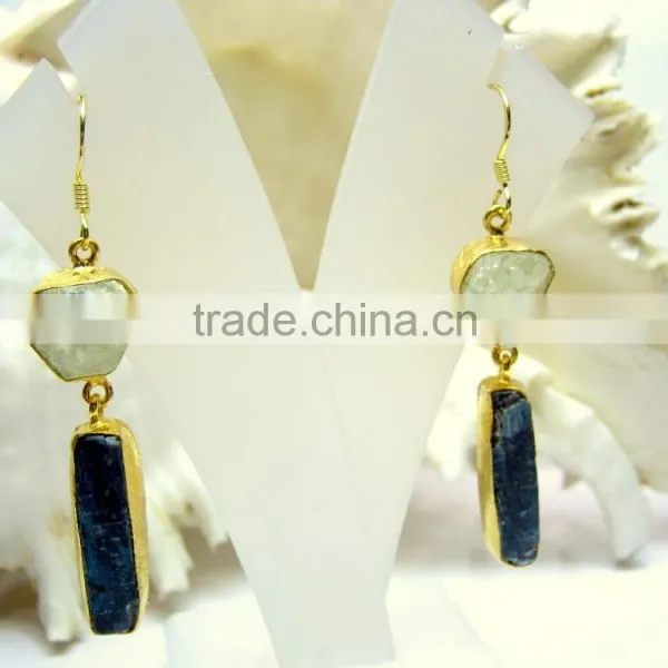Aquamarine & Kyanite Rough Natural Gemstone Earrings, 925 Solid Sterling Silver Earrings, Designer Vermeil Dangle Earrings photo-3