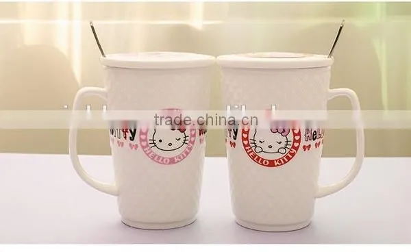New Creative Hello Kitty Office Relief Ceramic Mug With Lid and Spoon photo-5