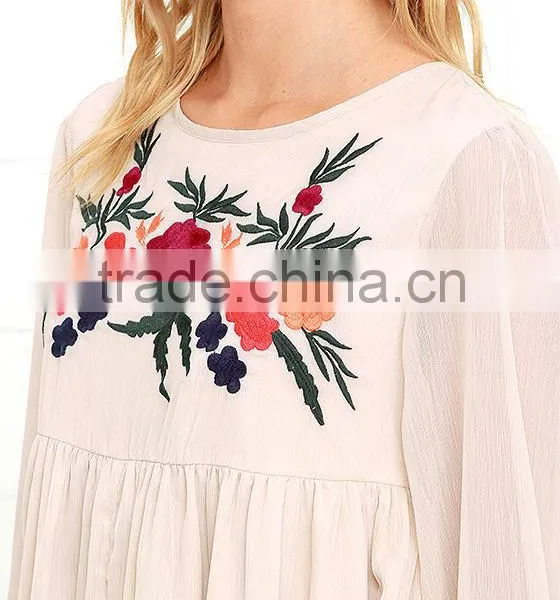 2016 Latest Dress Design 3/4 Sleeves Chiffon Dress With Floral Embroidery Summer Dress photo-6