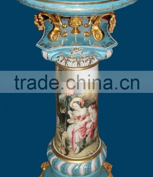 Antique European Small Round Porcelain Table, Hand Painted Ceramic Telephone Table, Home Decorative Gilt Brass Mounted Side Tabl photo-4