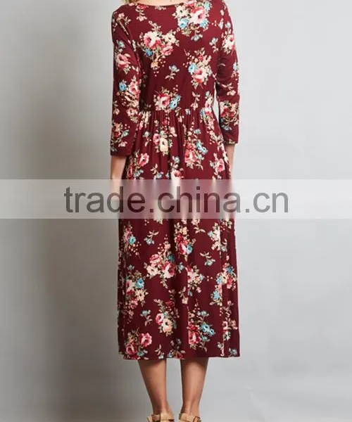 Private Label Long Sleeve Floral Pocket Midi Length Fashion US Size Women Dresses 2017 Summer photo-2