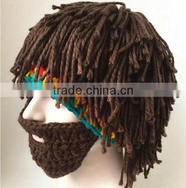 Hot Sell Mens Barbarian Knit Crochet Hat Wig Mustache Cap Beard Mask Hat Detachable Beard photo-2