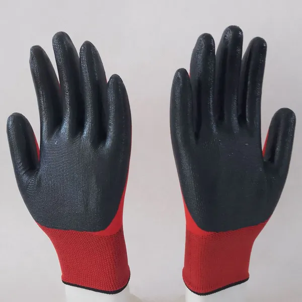 Red Polyester Knitted Black Nitrile Palm Coated Safety Work Gloves Abrasion-resistance Anti-slip Breathable photo-4