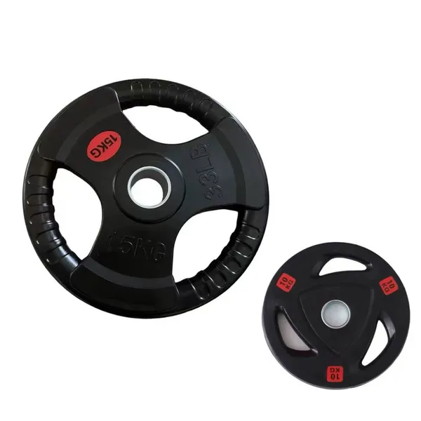 1.25kg to 25kg 3 three hole Tri grip 30mm rubber coated bumper cast iron free barbell weight plates set for weight lifting gym
