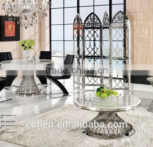 European High Gloss Face Round Stainless Steel Tube Coffee Table Set With Marble Top B1071 photo-2