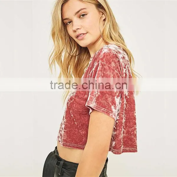 Slight Blink Crushed Velvet O-neck Short Sleeves Cropped t Shirt Tank Tops photo-3