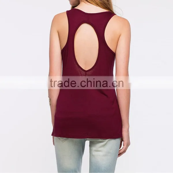 Cotton Tank Top Backless Hollow Printed Floral Wine Red Sold By PC photo-3